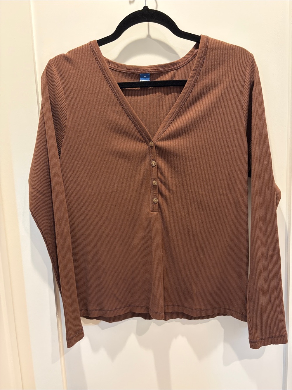 Old Navy Ribbed V-Neck Henley Long Sleeve Top - Brown